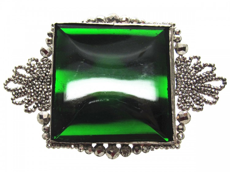 Georgian Cut Steel & Green Vauxhall Glass Brooch