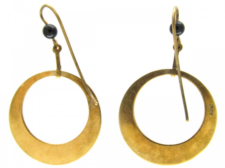 Art Deco Black Enamel Gold Hoop Earrings