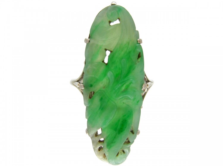 Art Deco Carved Jade 18ct White Gold Ring