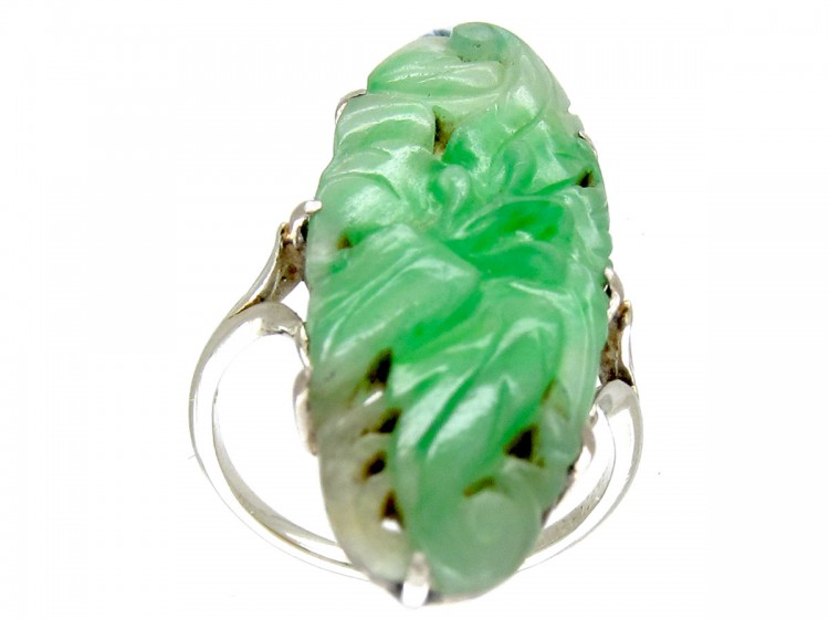 Art Deco Carved Jade 18ct White Gold Ring