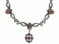 Art Deco Marcasite & Garnet Festoon Silver Necklace