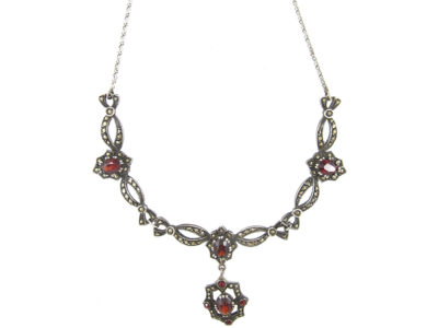 Art Deco Marcasite & Garnet Festoon Silver Necklace