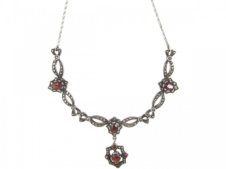 Art Deco Marcasite & Garnet Festoon Silver Necklace