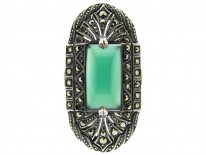 Large Green Chalcedony & Marcasite Art Deco Silver Ring