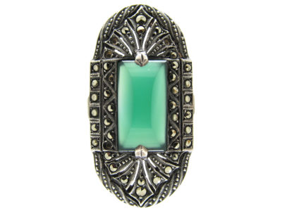 Large Green Chalcedony & Marcasite Art Deco Silver Ring