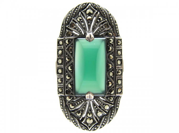 Large Green Chalcedony & Marcasite Art Deco Silver Ring