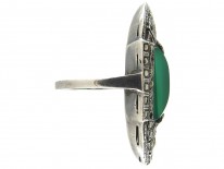Large Green Chalcedony & Marcasite Art Deco Silver Ring