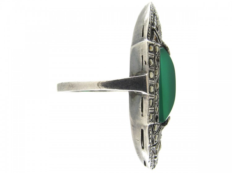 Large Green Chalcedony & Marcasite Art Deco Silver Ring