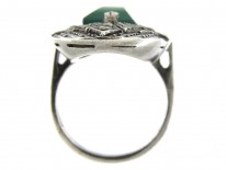 Large Green Chalcedony & Marcasite Art Deco Silver Ring