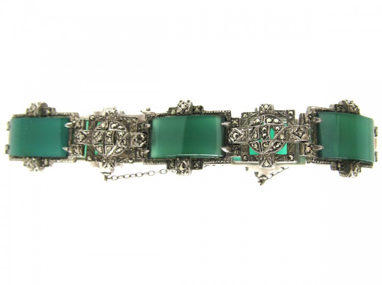 Art Deco Chalcedony & Marcasite Silver Bracelet