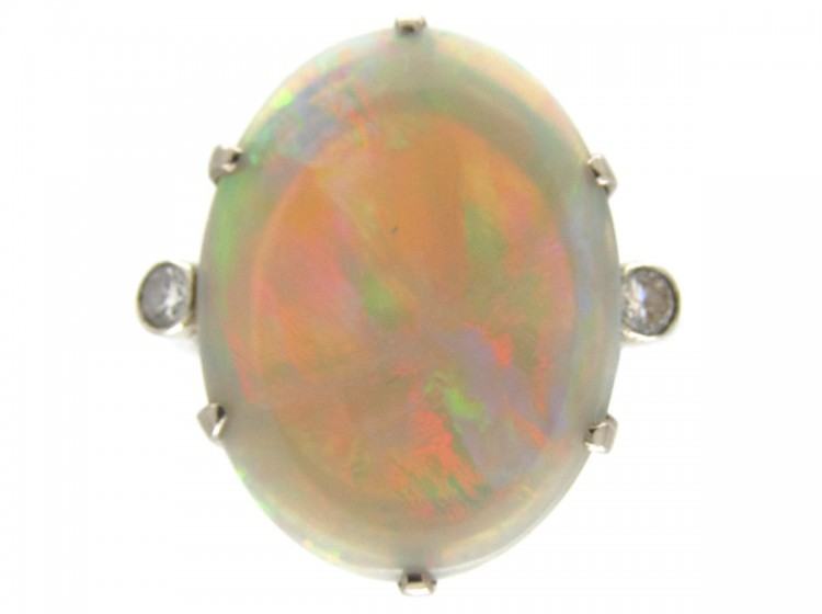 Art Deco 18ct White Gold Harlequin Opal & Diamond Ring
