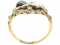 Victorian 18ct Gold Natural Pearl & Garnet Double Heart Ring