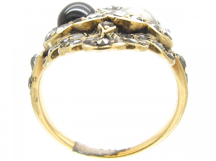 Victorian 18ct Gold Natural Pearl & Garnet Double Heart Ring