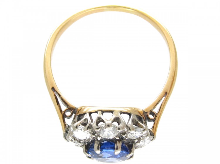 Sapphire & Old Mine Cut Diamond Cluster Ring