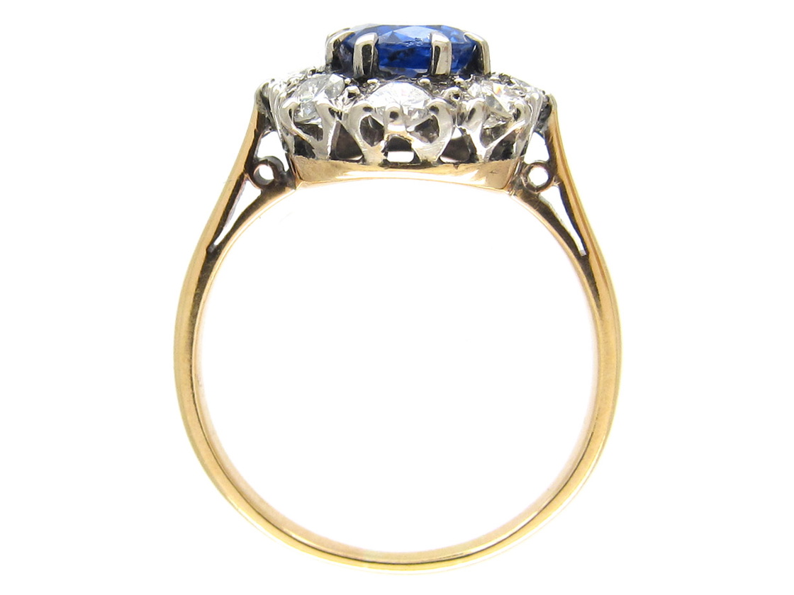 Sapphire & Old Mine Cut Diamond Cluster Ring (838E) | The Antique