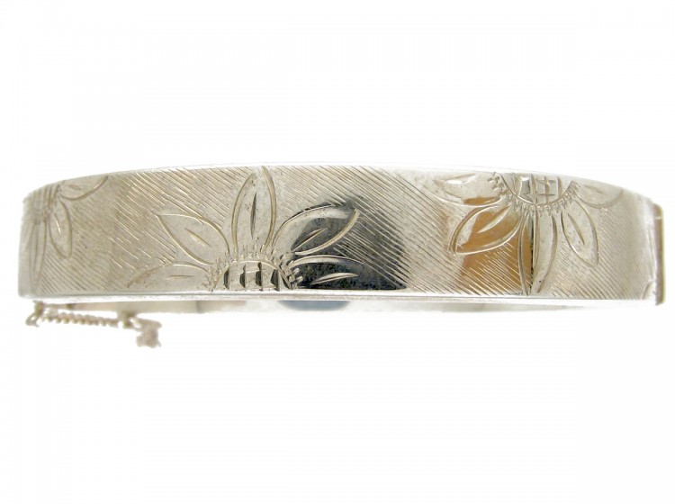 Engraved Flowers Silver Bangle