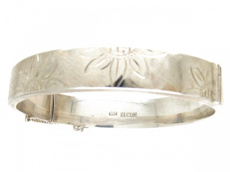 Engraved Flowers Silver Bangle