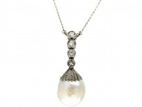 Art Deco Natural Pearl & Diamond Drop Pendant