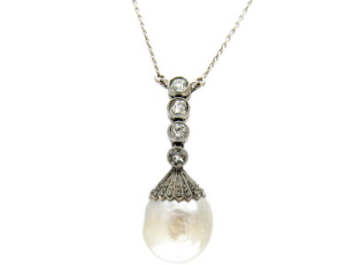 Art Deco Natural Pearl & Diamond Drop Pendant