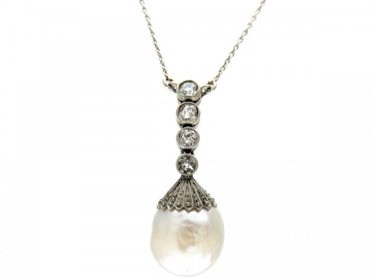 Art Deco Natural Pearl & Diamond Drop Pendant