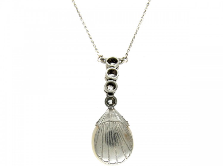 Art Deco Natural Pearl & Diamond Drop Pendant