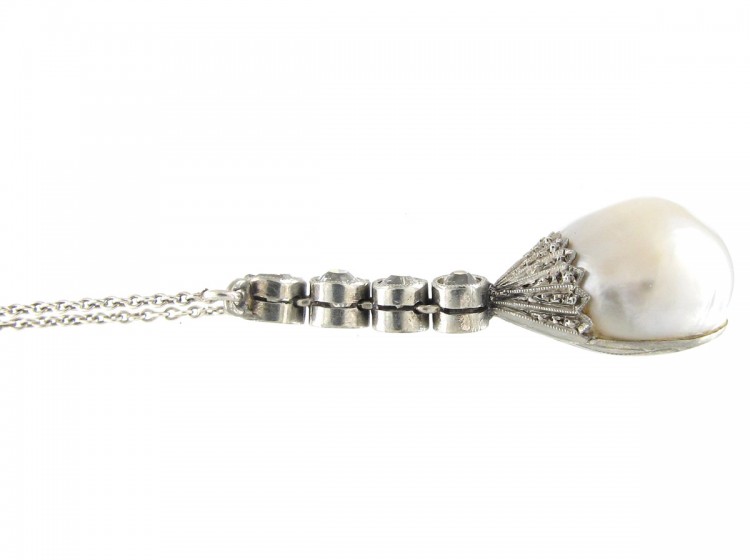 Art Deco Natural Pearl & Diamond Drop Pendant