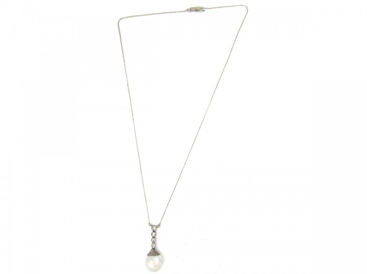 Art Deco Natural Pearl & Diamond Drop Pendant
