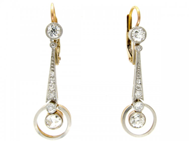 Art Deco 18ct Gold & Platinum & Diamond Drop Earrings