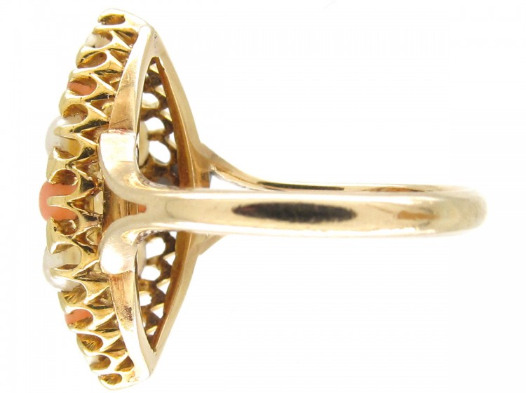 Victorian 9ct Gold Coral & Natural Split Pearl Marquise Ring