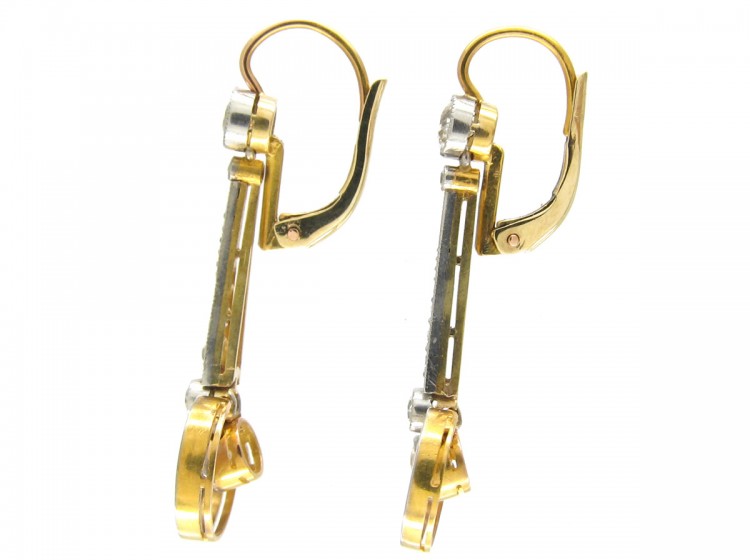 Art Deco 18ct Gold & Platinum & Diamond Drop Earrings