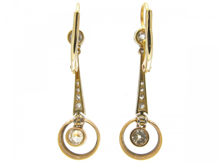 Art Deco 18ct Gold & Platinum & Diamond Drop Earrings