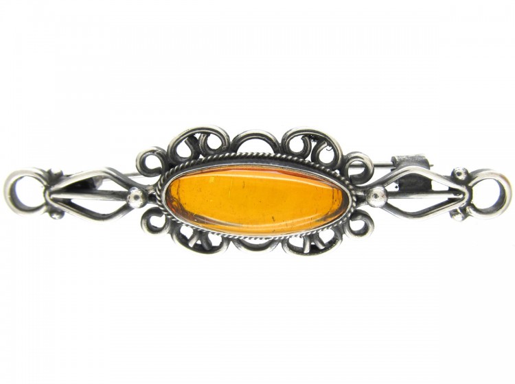 Russian Amber & Silver Bar Brooch