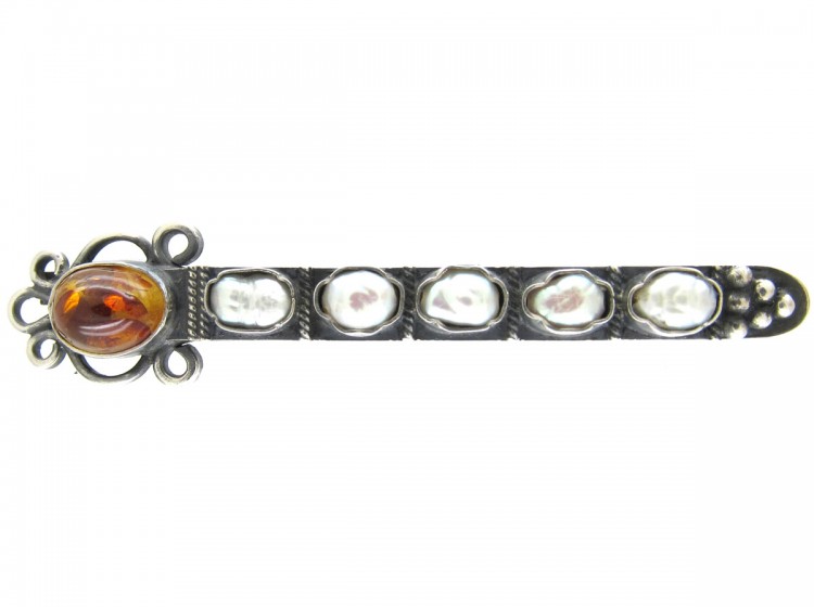 Russian Amber, Silver & Pearl Brooch