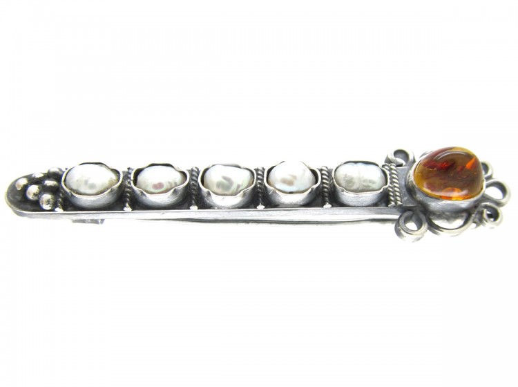 Russian Amber, Silver & Pearl Brooch