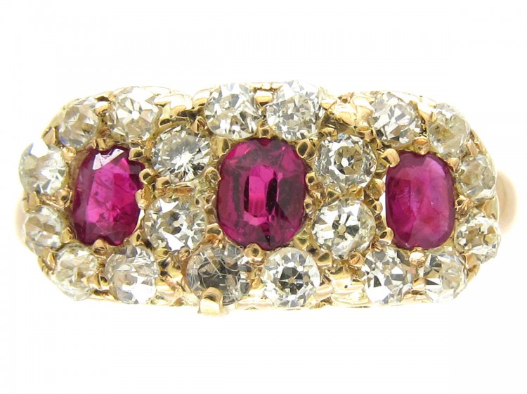 Edwardian 18ct Gold Ruby & Diamond Triple Cluster Ring