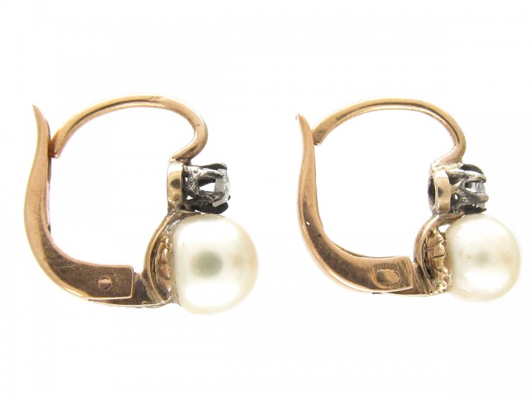 Edwardian 18ct Gold, Rose Diamond & Pearl Earrings