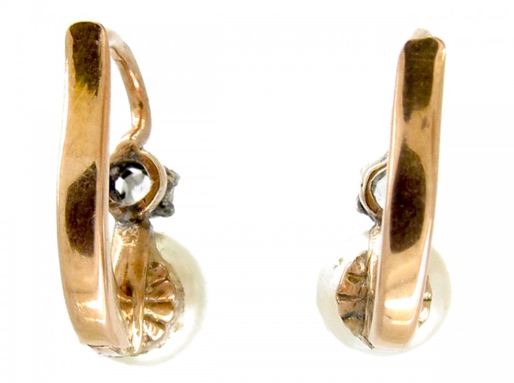 Edwardian 18ct Gold, Rose Diamond & Pearl Earrings