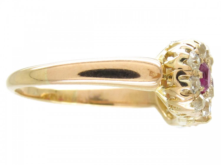Edwardian 18ct Gold Ruby & Diamond Triple Cluster Ring