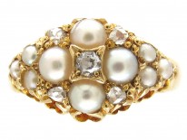 Victorian 18ct Gold Natural Split Pearl & Diamond Cluster Ring