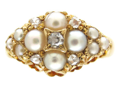 Victorian 18ct Gold Natural Split Pearl & Diamond Cluster Ring
