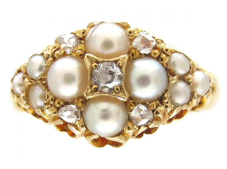 Victorian 18ct Gold Natural Split Pearl & Diamond Cluster Ring