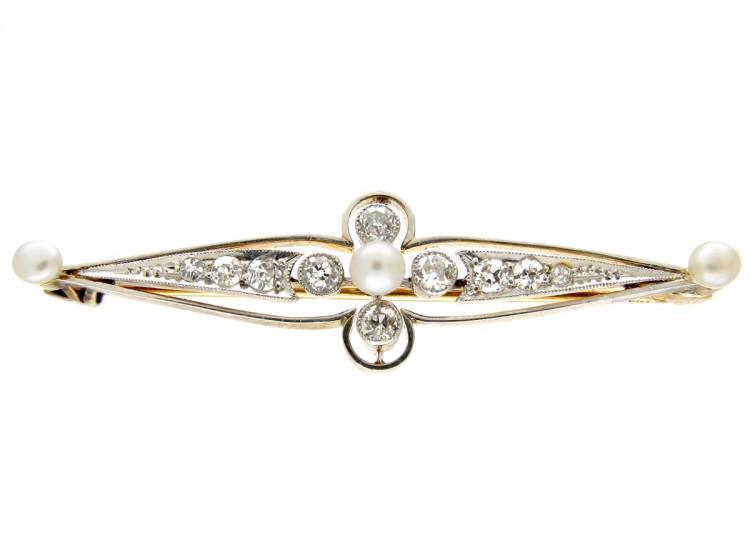 Edwardian 14ct Gold Natural Pearl & Diamond Bar Brooch
