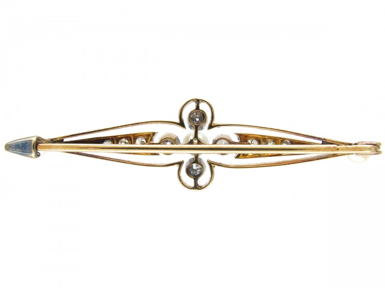 Edwardian 14ct Gold Natural Pearl & Diamond Bar Brooch