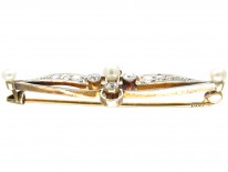 Edwardian 14ct Gold Natural Pearl & Diamond Bar Brooch