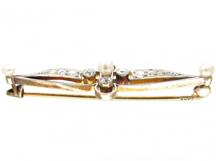 Edwardian 14ct Gold Natural Pearl & Diamond Bar Brooch