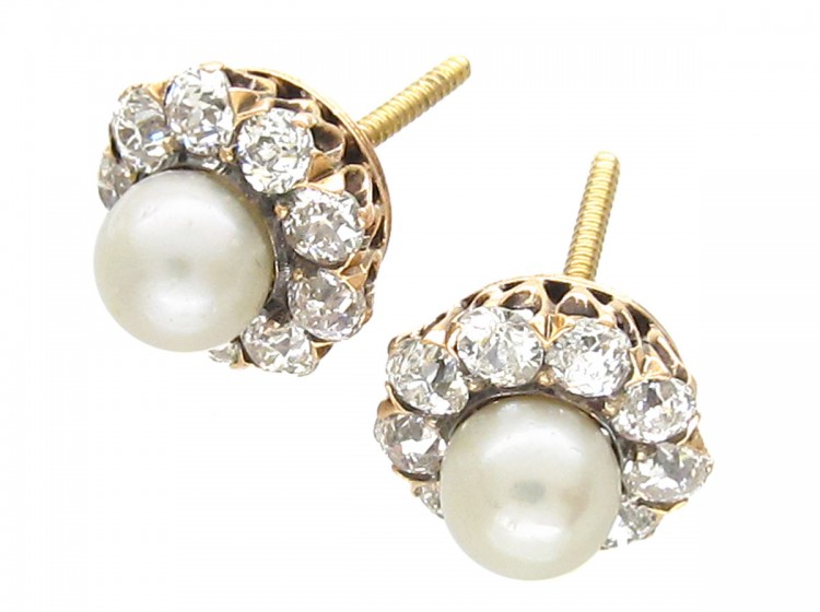 Edwardian 18ct Gold Diamond & Pearl Cluster Earrings