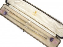 Edwardian Pair of Amethyst & Rose Quartz, Amethyst & Rock Crystal Acorn Hatpins in Original Case