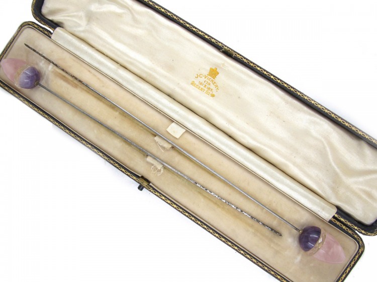 Edwardian Pair of Amethyst & Rose Quartz, Amethyst & Rock Crystal Acorn Hatpins in Original Case