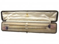 Edwardian Pair of Amethyst & Rose Quartz, Amethyst & Rock Crystal Acorn Hatpins in Original Case