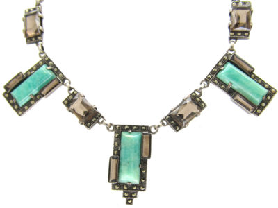 Art Deco Silver, Amazonite, Citrine & Marcasite Necklace